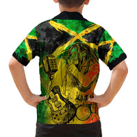 Kids reggae grunge Hawaiian shirt, back view, green yellow black graphic with microphone and face