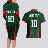 Custom Bangladesh Cricket Couples Matching Long Sleeve Bodycon Dress and Hawaiian Shirt The Tigers Green-Red Glory