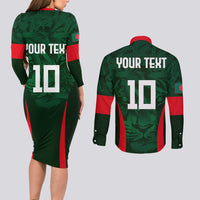 Custom Bangladesh Cricket Couples Matching Long Sleeve Bodycon Dress and Long Sleeve Button Shirt The Tigers Green-Red Glory