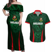 Custom Bangladesh Cricket Couples Matching Off Shoulder Maxi Dress and Hawaiian Shirt The Tigers Green-Red Glory