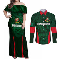 Custom Bangladesh Cricket Couples Matching Off Shoulder Maxi Dress and Long Sleeve Button Shirt The Tigers Green-Red Glory