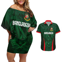 Custom Bangladesh Cricket Couples Matching Off Shoulder Short Dress and Hawaiian Shirt The Tigers Green-Red Glory