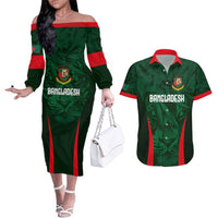 Custom Bangladesh Cricket Couples Matching Off The Shoulder Long Sleeve Dress and Hawaiian Shirt The Tigers Green-Red Glory