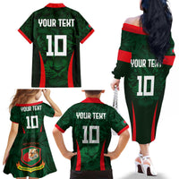 Custom Bangladesh Cricket Family Matching Off The Shoulder Long Sleeve Dress and Hawaiian Shirt The Tigers Green-Red Glory