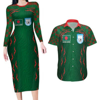 Custom Bangladesh Football Couples Matching Long Sleeve Bodycon Dress and Hawaiian Shirt Bengal Tigers Green-Red Warriors