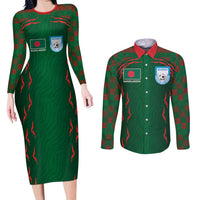 Custom Bangladesh Football Couples Matching Long Sleeve Bodycon Dress and Long Sleeve Button Shirt Bengal Tigers Green-Red Warriors