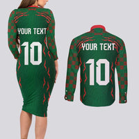 Custom Bangladesh Football Couples Matching Long Sleeve Bodycon Dress and Long Sleeve Button Shirt Bengal Tigers Green-Red Warriors