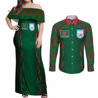 Custom Bangladesh Football Couples Matching Off Shoulder Maxi Dress and Long Sleeve Button Shirt Bengal Tigers Green-Red Warriors