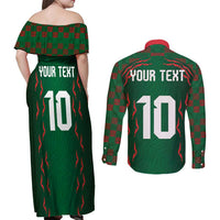 Custom Bangladesh Football Couples Matching Off Shoulder Maxi Dress and Long Sleeve Button Shirt Bengal Tigers Green-Red Warriors