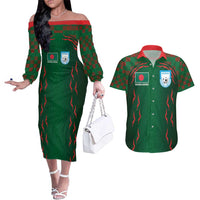 Custom Bangladesh Football Couples Matching Off The Shoulder Long Sleeve Dress and Hawaiian Shirt Bengal Tigers Green-Red Warriors