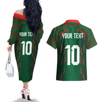 Custom Bangladesh Football Couples Matching Off The Shoulder Long Sleeve Dress and Hawaiian Shirt Bengal Tigers Green-Red Warriors