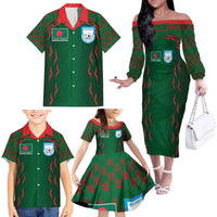Custom Bangladesh Football Family Matching Off The Shoulder Long Sleeve Dress and Hawaiian Shirt Bengal Tigers Green-Red Warriors