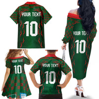 Custom Bangladesh Football Family Matching Off The Shoulder Long Sleeve Dress and Hawaiian Shirt Bengal Tigers Green-Red Warriors