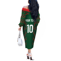 Custom Bangladesh Football Off The Shoulder Long Sleeve Dress Bengal Tigers Green-Red Warriors
