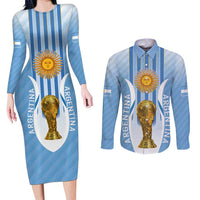 Custom Argentina Football Couples Matching Long Sleeve Bodycon Dress and Long Sleeve Button Shirt The Trophy Vamos La Albiceleste - Wonder Print Shop