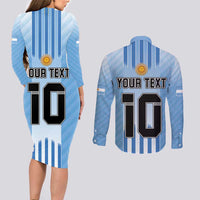 Custom Argentina Football Couples Matching Long Sleeve Bodycon Dress and Long Sleeve Button Shirt The Trophy Vamos La Albiceleste - Wonder Print Shop