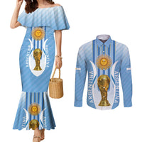 Custom Argentina Football Couples Matching Mermaid Dress and Long Sleeve Button Shirt The Trophy Vamos La Albiceleste