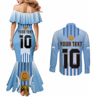 Custom Argentina Football Couples Matching Mermaid Dress and Long Sleeve Button Shirt The Trophy Vamos La Albiceleste