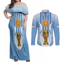 Custom Argentina Football Couples Matching Off Shoulder Maxi Dress and Long Sleeve Button Shirt The Trophy Vamos La Albiceleste - Wonder Print Shop