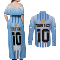Custom Argentina Football Couples Matching Off Shoulder Maxi Dress and Long Sleeve Button Shirt The Trophy Vamos La Albiceleste - Wonder Print Shop