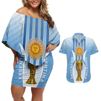 Custom Argentina Football Couples Matching Off Shoulder Short Dress and Hawaiian Shirt The Trophy Vamos La Albiceleste - Wonder Print Shop