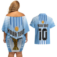 Custom Argentina Football Couples Matching Off Shoulder Short Dress and Hawaiian Shirt The Trophy Vamos La Albiceleste - Wonder Print Shop