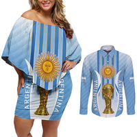 Custom Argentina Football Couples Matching Off Shoulder Short Dress and Long Sleeve Button Shirt The Trophy Vamos La Albiceleste - Wonder Print Shop