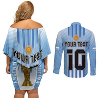 Custom Argentina Football Couples Matching Off Shoulder Short Dress and Long Sleeve Button Shirt The Trophy Vamos La Albiceleste - Wonder Print Shop