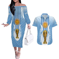 Custom Argentina Football Couples Matching Off The Shoulder Long Sleeve Dress and Hawaiian Shirt The Trophy Vamos La Albiceleste - Wonder Print Shop