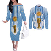 Custom Argentina Football Couples Matching Off The Shoulder Long Sleeve Dress and Long Sleeve Button Shirt The Trophy Vamos La Albiceleste