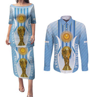 Custom Argentina Football Couples Matching Puletasi and Long Sleeve Button Shirt The Trophy Vamos La Albiceleste - Wonder Print Shop