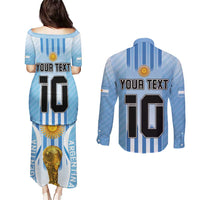 Custom Argentina Football Couples Matching Puletasi and Long Sleeve Button Shirt The Trophy Vamos La Albiceleste - Wonder Print Shop