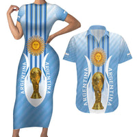 Custom Argentina Football Couples Matching Short Sleeve Bodycon Dress and Hawaiian Shirt The Trophy Vamos La Albiceleste - Wonder Print Shop