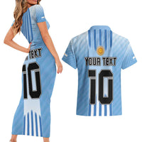 Custom Argentina Football Couples Matching Short Sleeve Bodycon Dress and Hawaiian Shirt The Trophy Vamos La Albiceleste - Wonder Print Shop