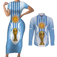 Custom Argentina Football Couples Matching Short Sleeve Bodycon Dress and Long Sleeve Button Shirt The Trophy Vamos La Albiceleste - Wonder Print Shop