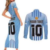 Custom Argentina Football Couples Matching Short Sleeve Bodycon Dress and Long Sleeve Button Shirt The Trophy Vamos La Albiceleste - Wonder Print Shop