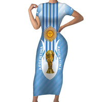 Custom Argentina Football Short Sleeve Bodycon Dress The Trophy Vamos La Albiceleste - Wonder Print Shop