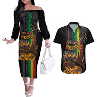 Afro-Caribbean Couples Matching Off The Shoulder Long Sleeve Dress and Hawaiian Shirt African and Reggae Art Music - Wonder Print Shop