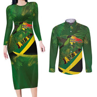 Jamaica Independence Day Couples Matching Long Sleeve Bodycon Dress and Long Sleeve Button Shirt Swallow-tail Hummingbird Tropical Plants and National Flag - Wonder Print Shop