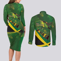 Jamaica Independence Day Couples Matching Long Sleeve Bodycon Dress and Long Sleeve Button Shirt Swallow-tail Hummingbird Tropical Plants and National Flag - Wonder Print Shop