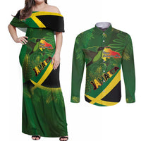 Jamaica Independence Day Couples Matching Off Shoulder Maxi Dress and Long Sleeve Button Shirt Swallow-tail Hummingbird Tropical Plants and National Flag - Wonder Print Shop