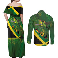 Jamaica Independence Day Couples Matching Off Shoulder Maxi Dress and Long Sleeve Button Shirt Swallow-tail Hummingbird Tropical Plants and National Flag - Wonder Print Shop