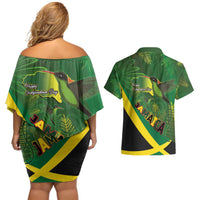Jamaica Independence Day Couples Matching Off Shoulder Short Dress and Hawaiian Shirt Swallow-tail Hummingbird Tropical Plants and National Flag - Wonder Print Shop