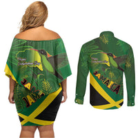 Jamaica Independence Day Couples Matching Off Shoulder Short Dress and Long Sleeve Button Shirt Swallow-tail Hummingbird Tropical Plants and National Flag - Wonder Print Shop