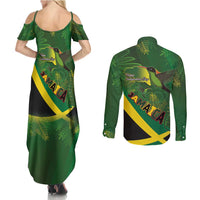 Jamaica Independence Day Couples Matching Summer Maxi Dress and Long Sleeve Button Shirt Swallow-tail Hummingbird Tropical Plants and National Flag - Wonder Print Shop