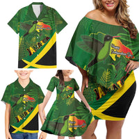 Jamaica Independence Day Family Matching Off Shoulder Short Dress and Hawaiian Shirt Swallow-tail Hummingbird Tropical Plants and National Flag - Wonder Print Shop