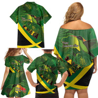 Jamaica Independence Day Family Matching Off Shoulder Short Dress and Hawaiian Shirt Swallow-tail Hummingbird Tropical Plants and National Flag - Wonder Print Shop