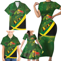 Jamaica Independence Day Family Matching Short Sleeve Bodycon Dress and Hawaiian Shirt Swallow-tail Hummingbird Tropical Plants and National Flag - Wonder Print Shop