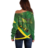 Jamaica Independence Day Off Shoulder Sweater Swallow-tail Hummingbird Tropical Plants and National Flag - Wonder Print Shop