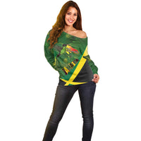 Jamaica Independence Day Off Shoulder Sweater Swallow-tail Hummingbird Tropical Plants and National Flag - Wonder Print Shop